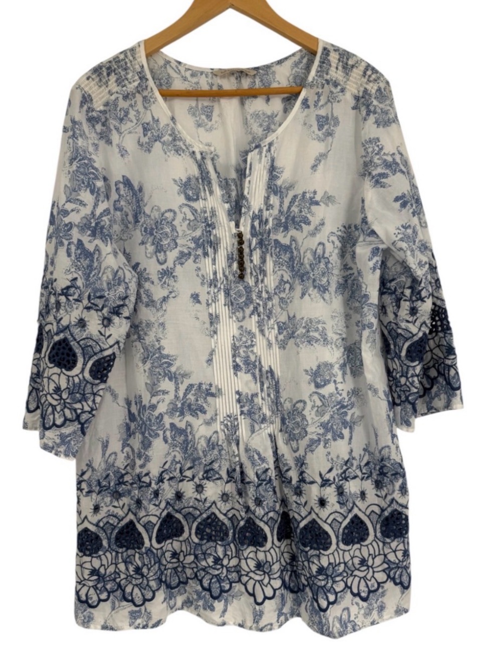Soft Surroundings Cotton Nimes Tunic Top Size L Blue White Toile Floral Eyelet